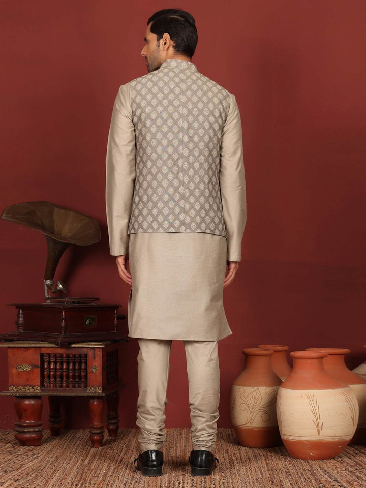 Beige-Gray Handwoven Cotton Jacquard Nehru Jacket