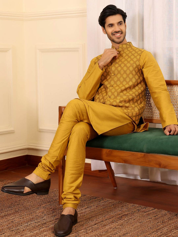 Mustard Handwoven Cotton Jacquard Nehru Jacket