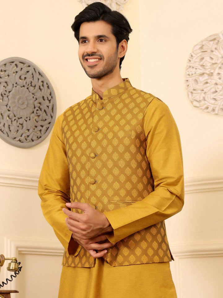 Mustard Handwoven Cotton Jacquard Nehru Jacket