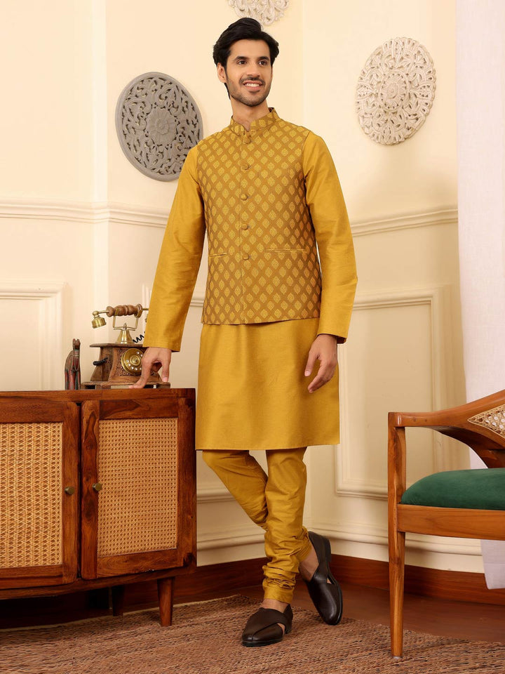 Mustard Handwoven Cotton Jacquard Nehru Jacket