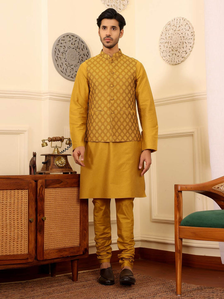 Mustard Handwoven Cotton Jacquard Nehru Jacket