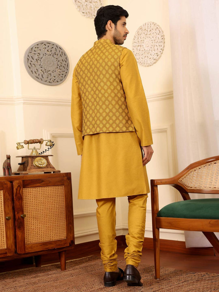 Mustard Handwoven Cotton Jacquard Nehru Jacket