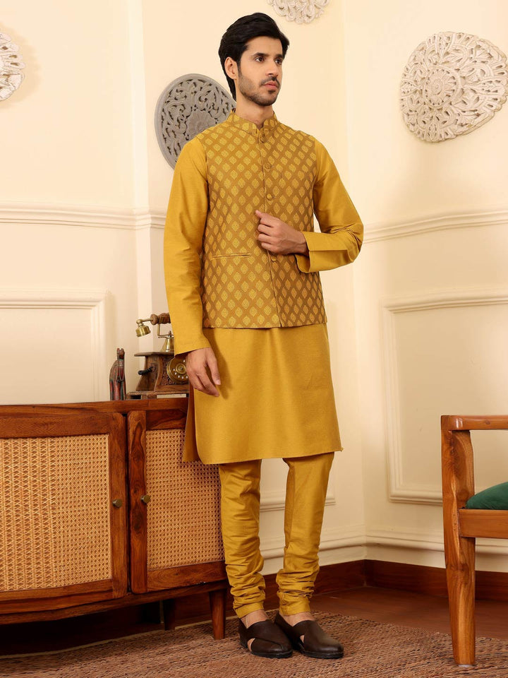 Mustard Handwoven Cotton Jacquard Nehru Jacket