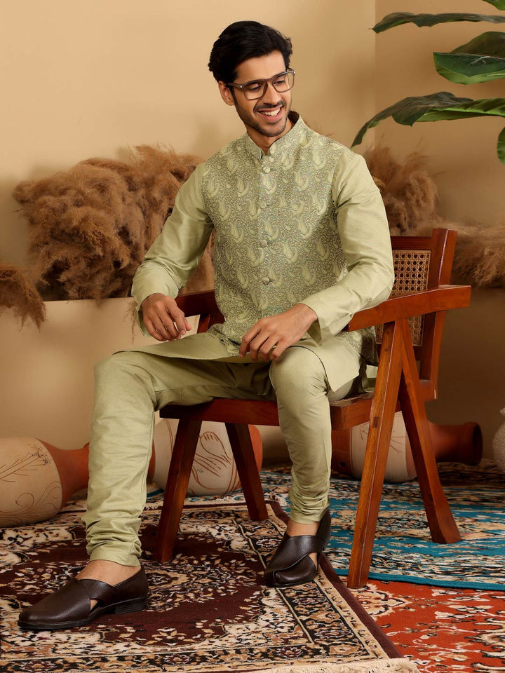 Lime Green Handwoven Cotton Jacquard Nehru Jacket