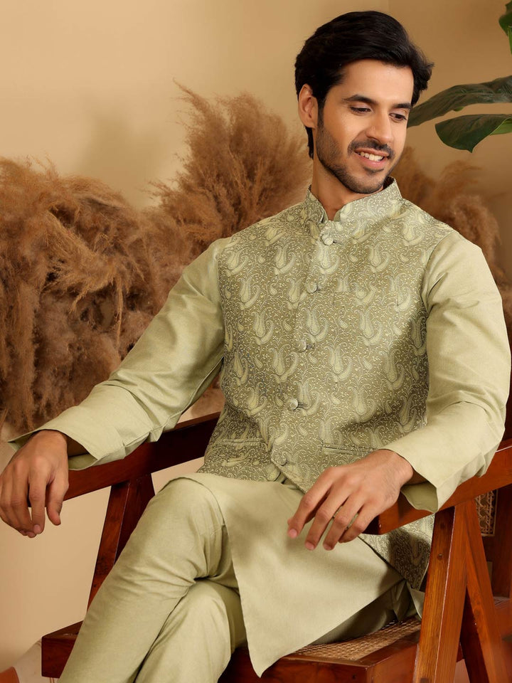 Lime Green Handwoven Cotton Jacquard Nehru Jacket