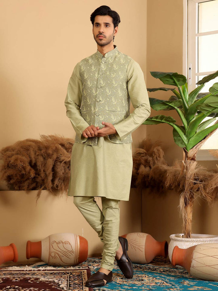 Lime Green Handwoven Cotton Jacquard Nehru Jacket