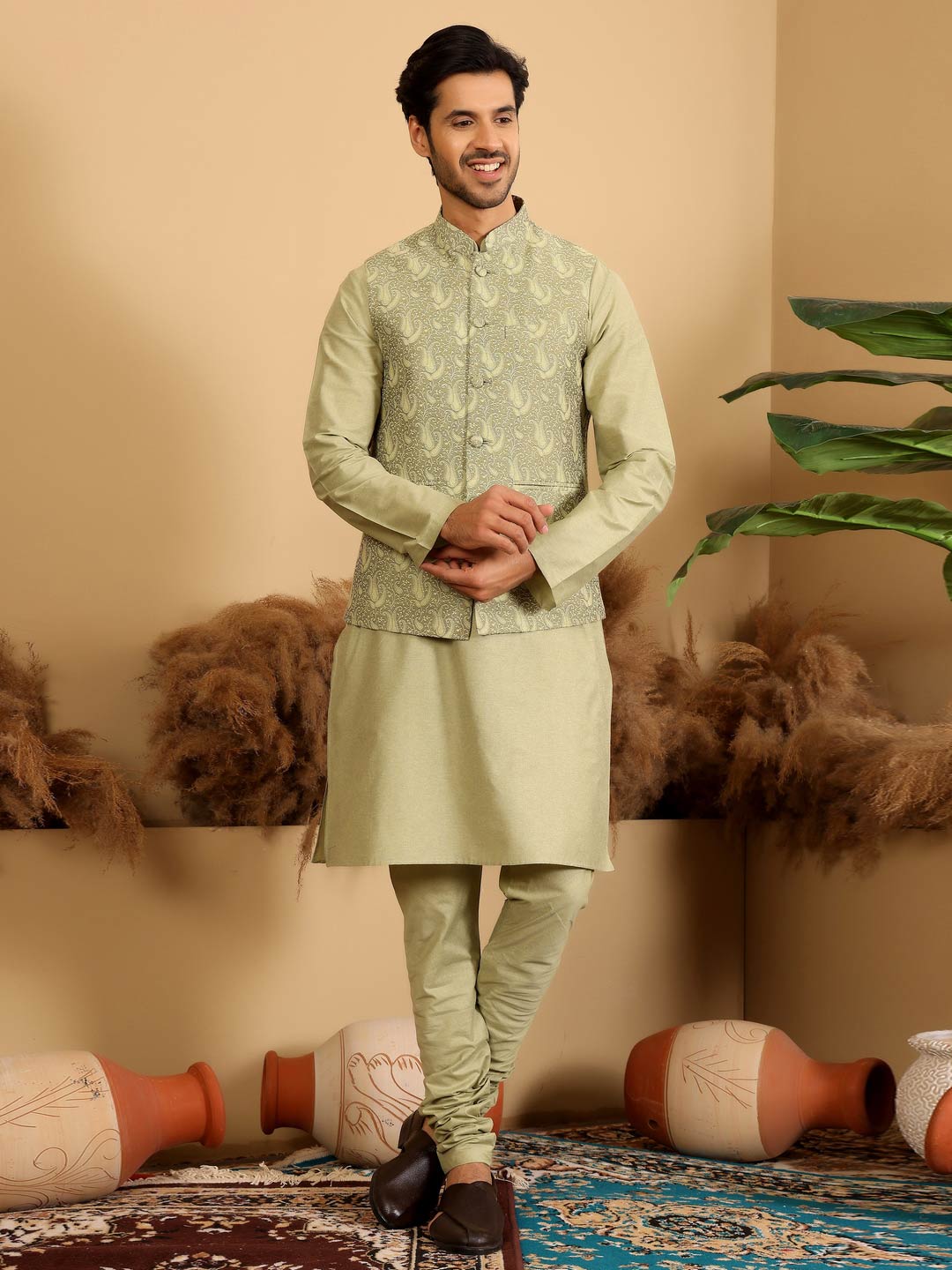 Lime Green Handwoven Cotton Jacquard Nehru Jacket