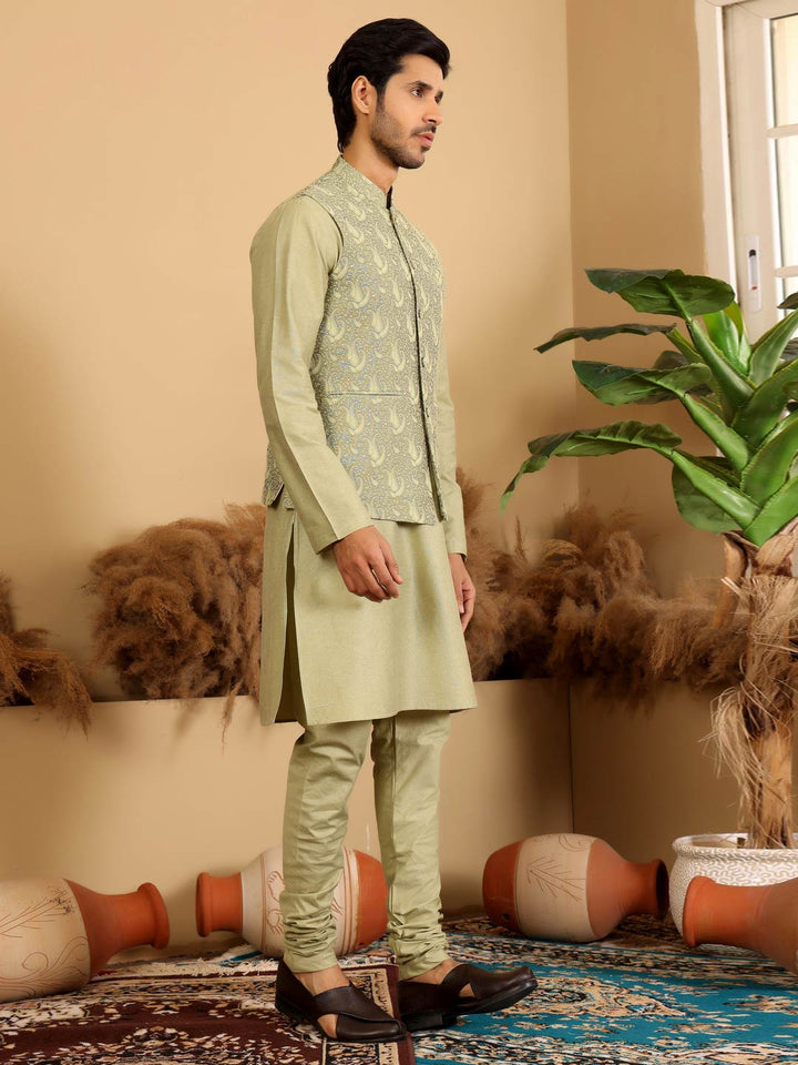 Lime Green Handwoven Cotton Jacquard Nehru Jacket