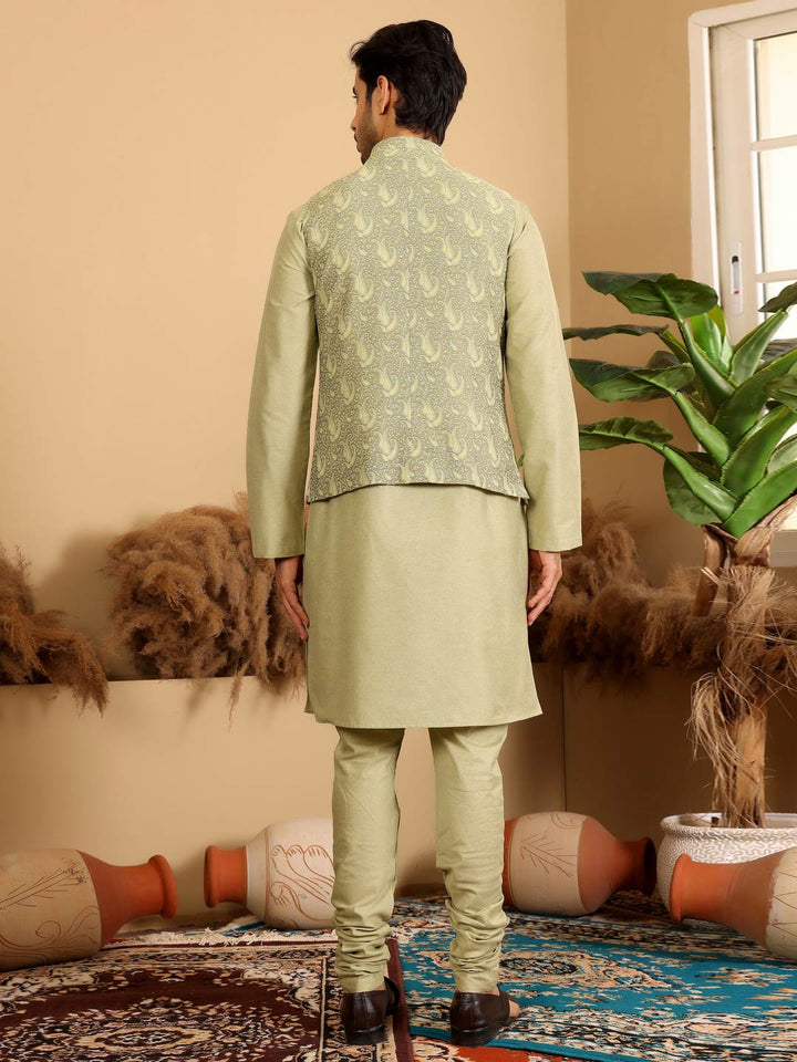 Lime Green Handwoven Cotton Jacquard Nehru Jacket