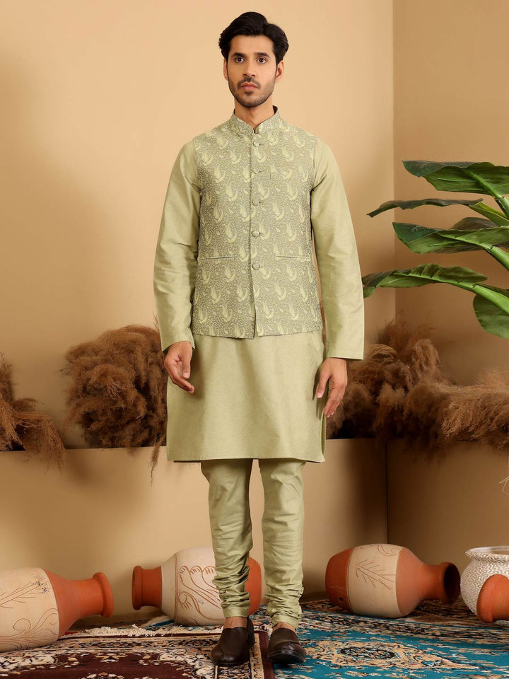 Lime Green Handwoven Cotton Jacquard Nehru Jacket