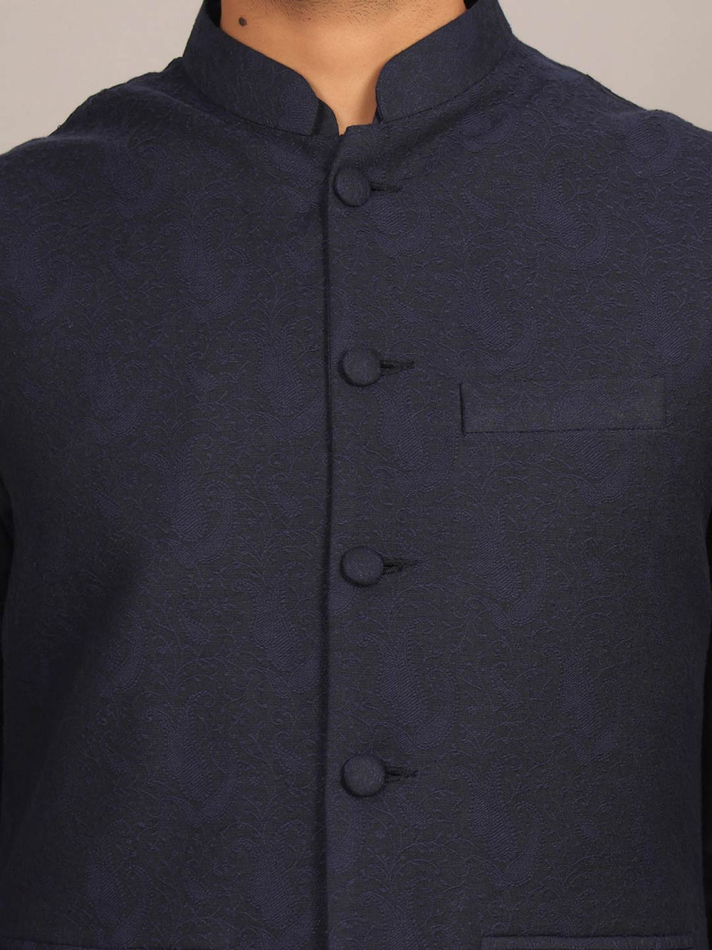 Navy Blue Handwoven Cotton Jacquard Nehru Jacket – Navy