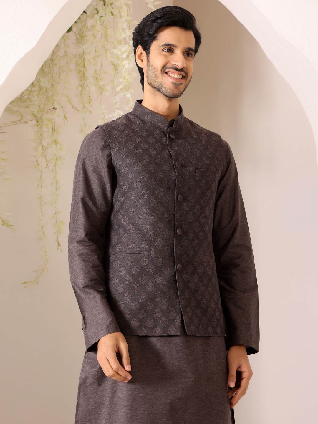 Intense Gray Handwoven Cotton Jacquard Nehru Jacket