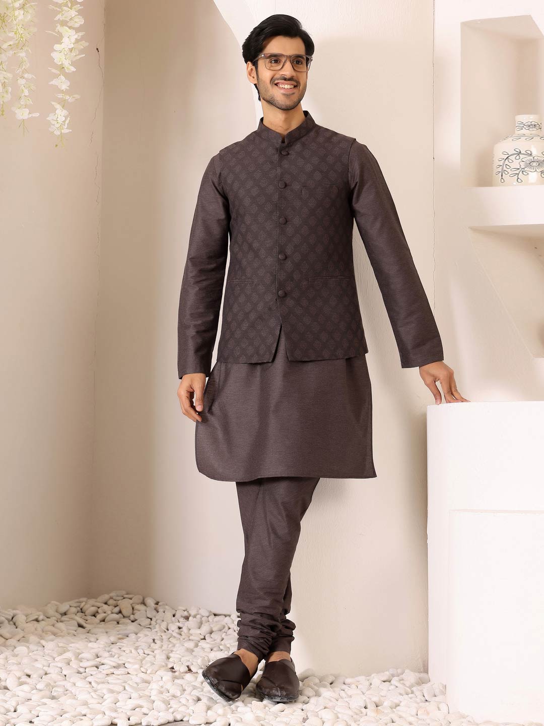 Intense Gray Handwoven Cotton Jacquard Nehru Jacket