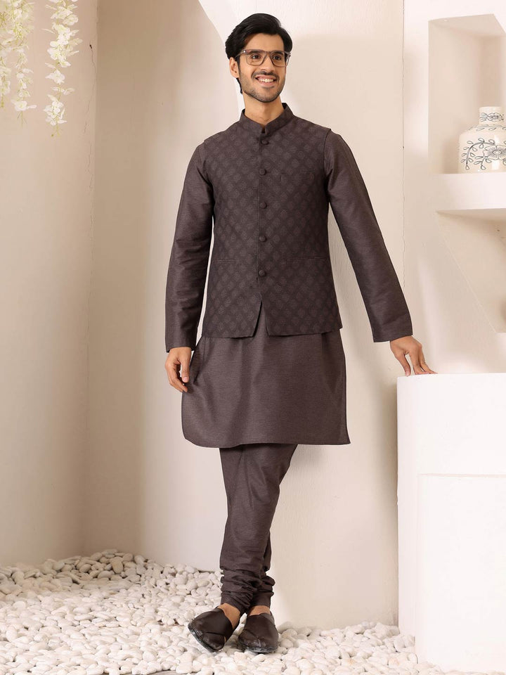 Intense Gray Handwoven Cotton Jacquard Nehru Jacket