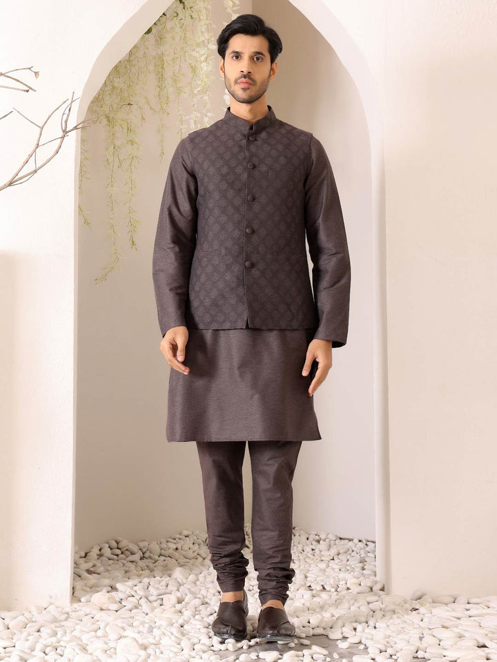 Intense Gray Handwoven Cotton Jacquard Nehru Jacket