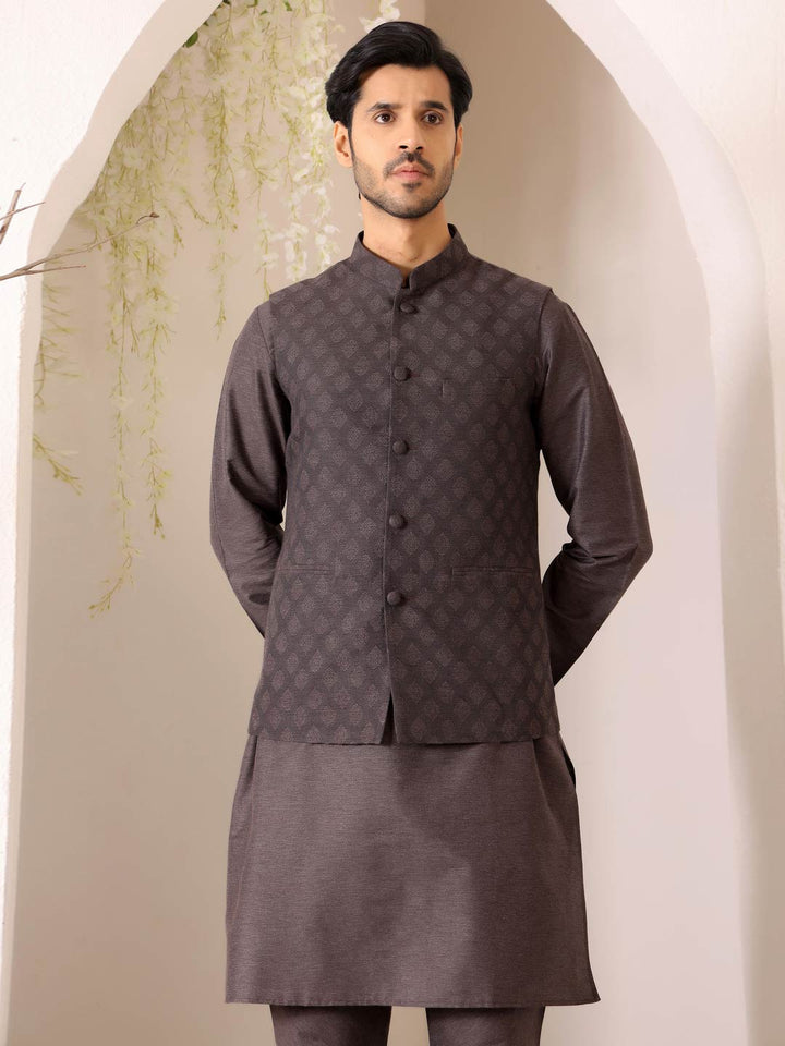 Intense Gray Handwoven Cotton Jacquard Nehru Jacket