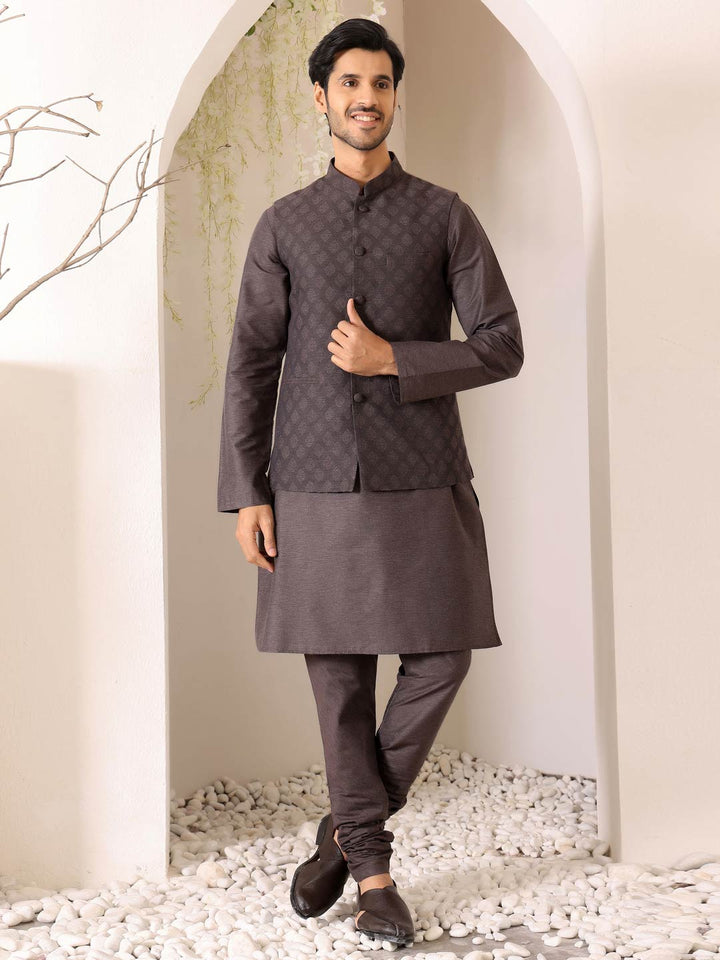 Intense Gray Handwoven Cotton Jacquard Nehru Jacket