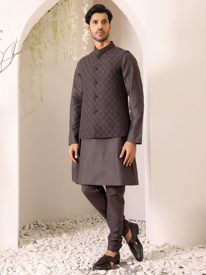 Intense Gray Handwoven Cotton Jacquard Nehru Jacket