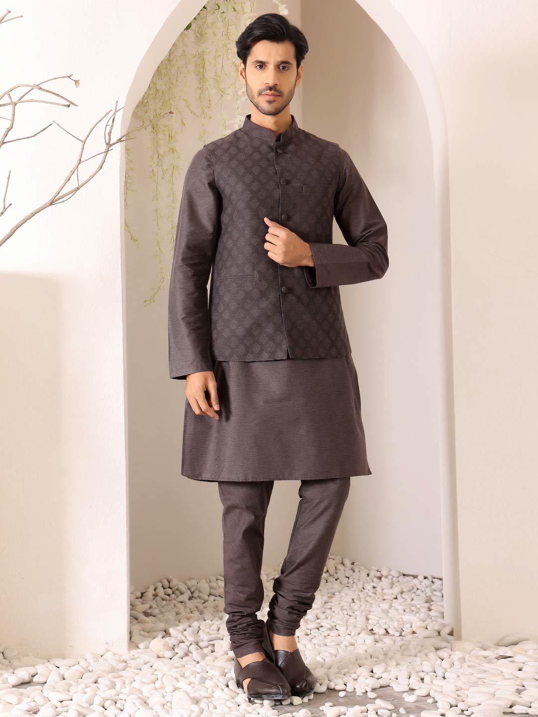 Intense Gray Handwoven Cotton Jacquard Nehru Jacket