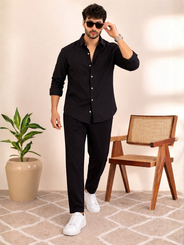 Linen Solid Co-ord Set – Black-1 | Linen