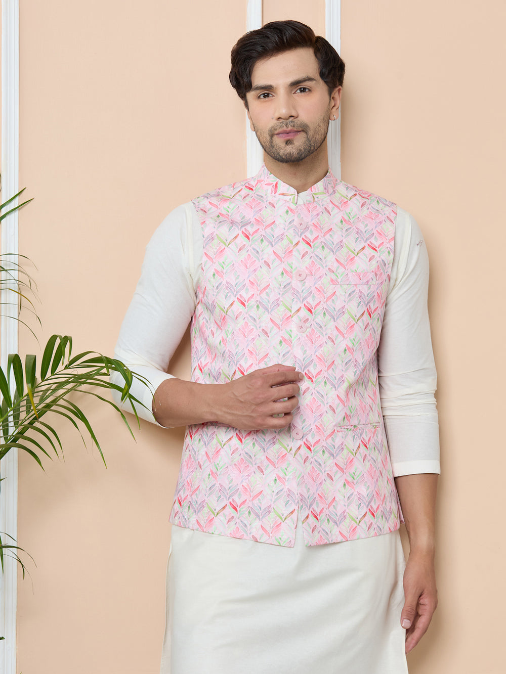 Pink Printed Slim Fit Nehru Jacket – Pink