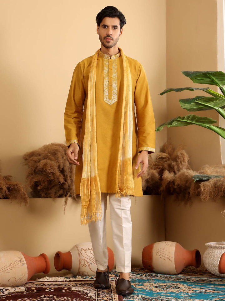 Mustard Delux Cotton Straight Kurta with Jacquard Neck Design