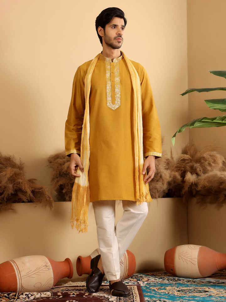 Mustard Delux Cotton Straight Kurta with Jacquard Neck Design