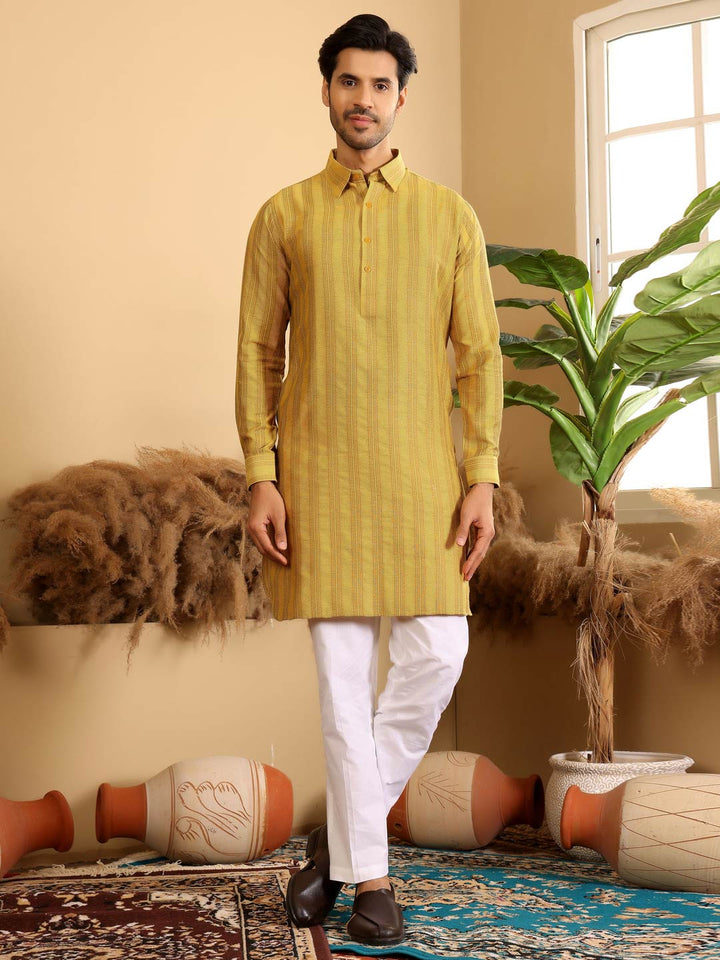 Yellow-Gray Self Design Handwoven Cotton Pathani Kurta