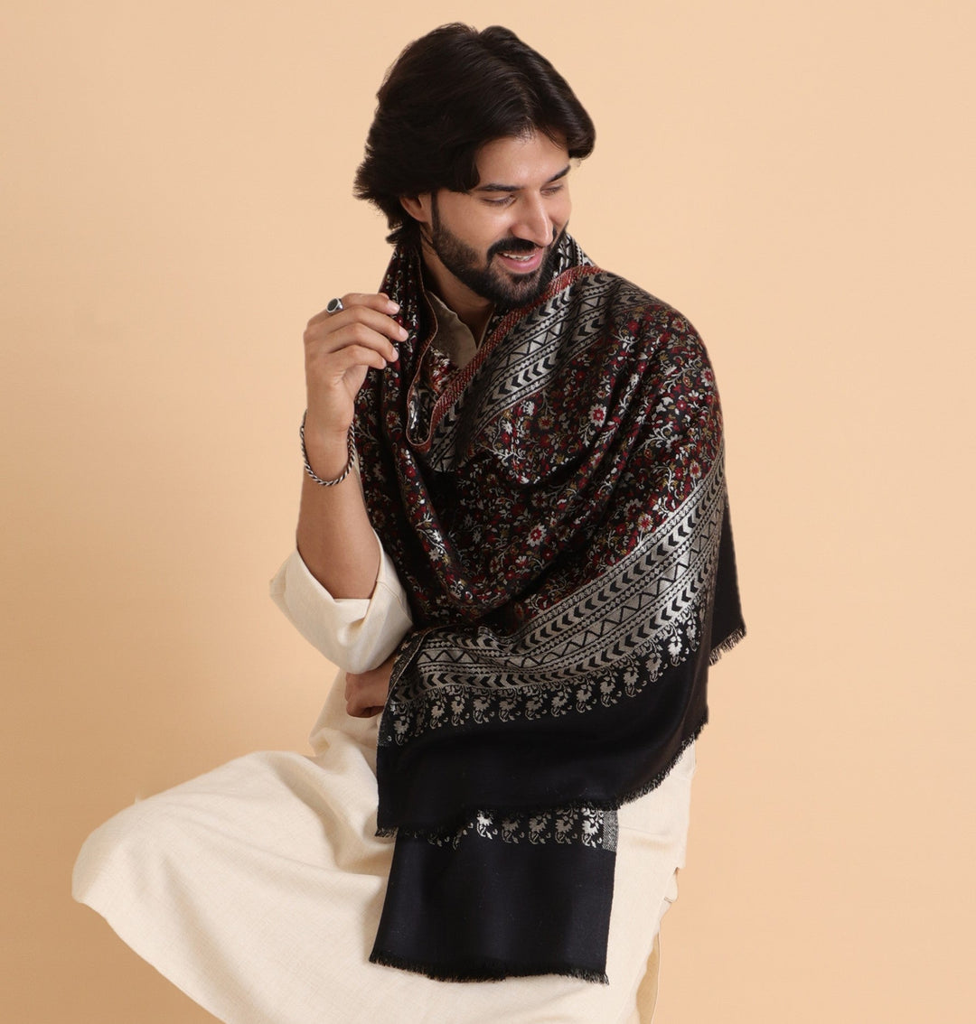 Tweedle Floral Design Kani Zari Shawl for Men - Black, Size - 28 x 80 inches