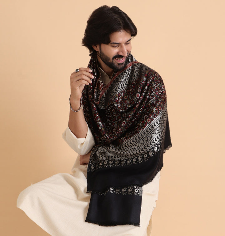 Tweedle Floral Design Kani Zari Shawl for Men - Black, Size - 28 x 80 inches
