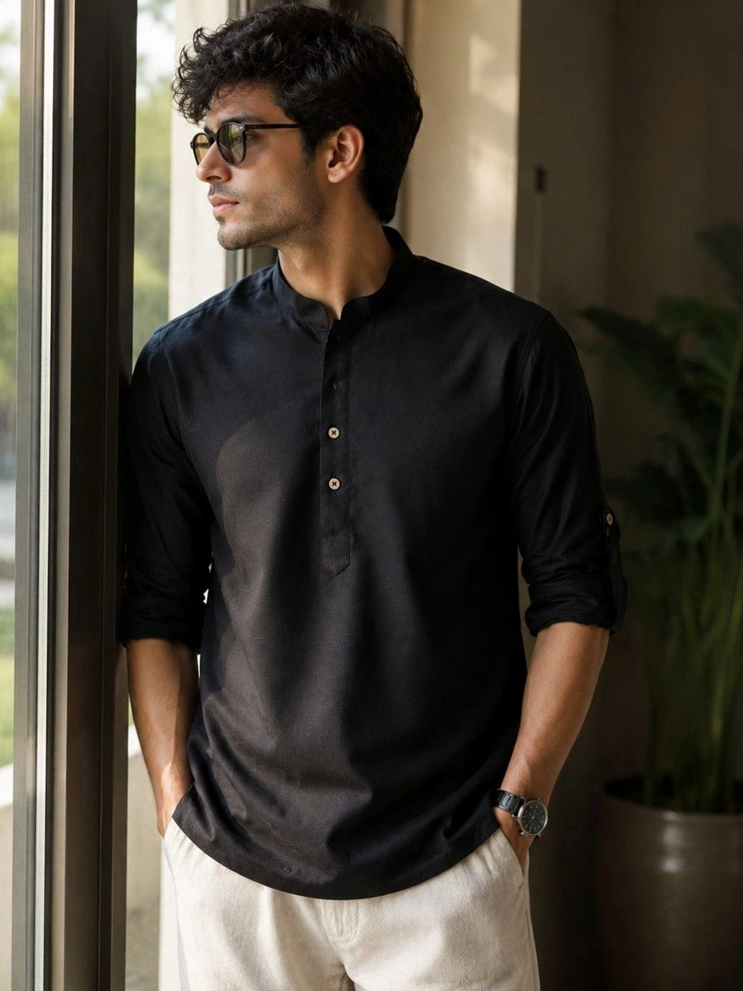 Black Pure Cotton Slub Short Kurta