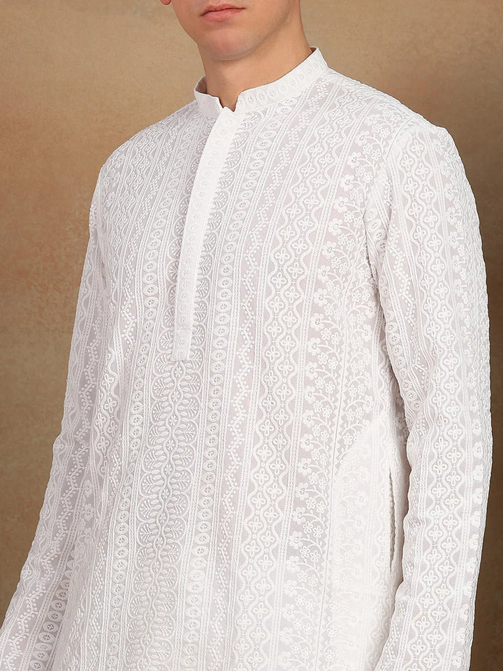 Men White Chikankari Embroidered Straight Kurta paired with Salwar