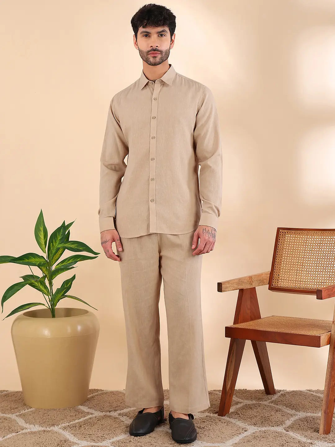 Men Linen Solid Co-ord Set