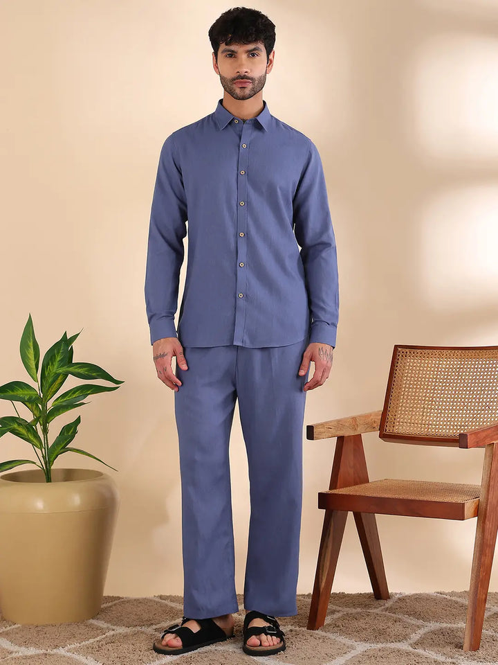 Men Linen Solid Co-ord Set