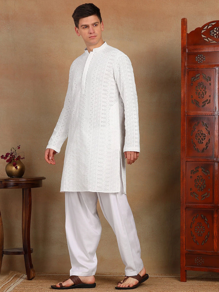 Classic White Chikankari Embroidered Straight Kurta paired with Salwar