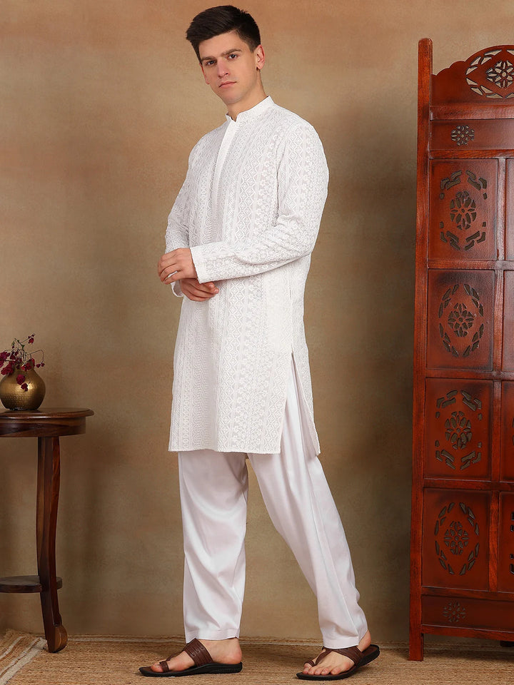Men White Chikankari Embroidered Straight Kurta paired with Salwar