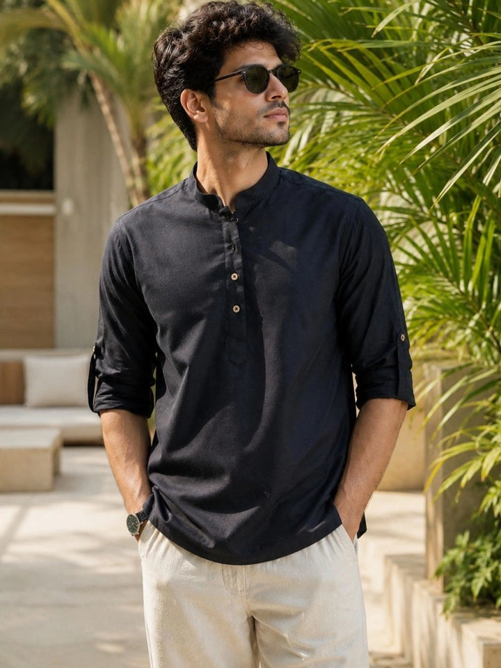 Black Pure Cotton Slub Short Kurta