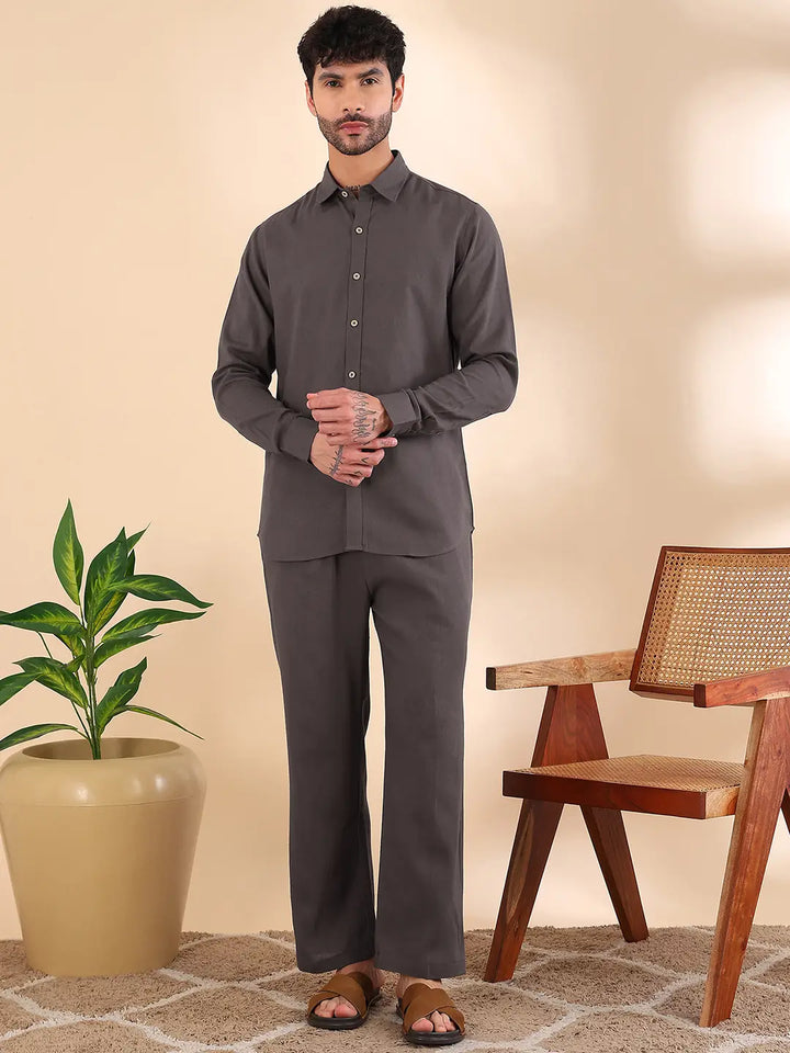 Men Linen Solid Co-ord Set