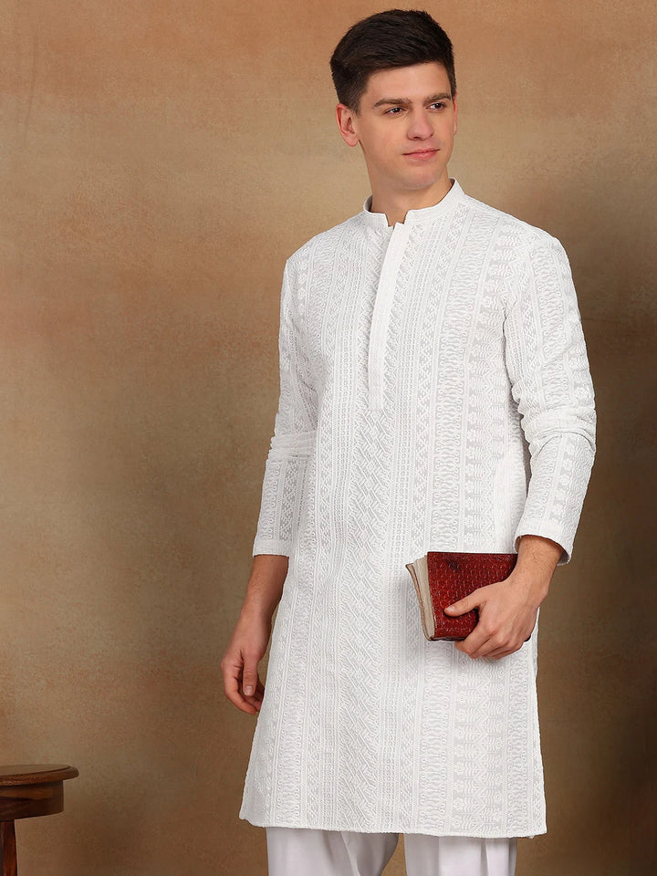 White Chikankari Embroidered Straight Kurta with Salwar