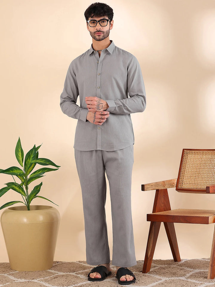 Men Linen Solid Co-ord Set