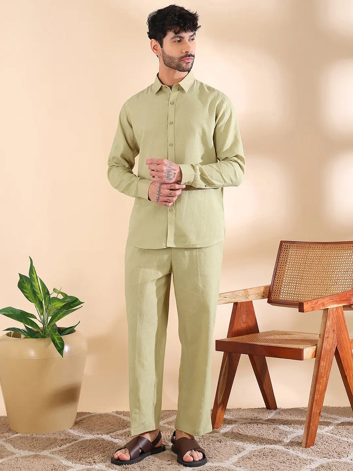 Men Linen Solid Co-ord Set
