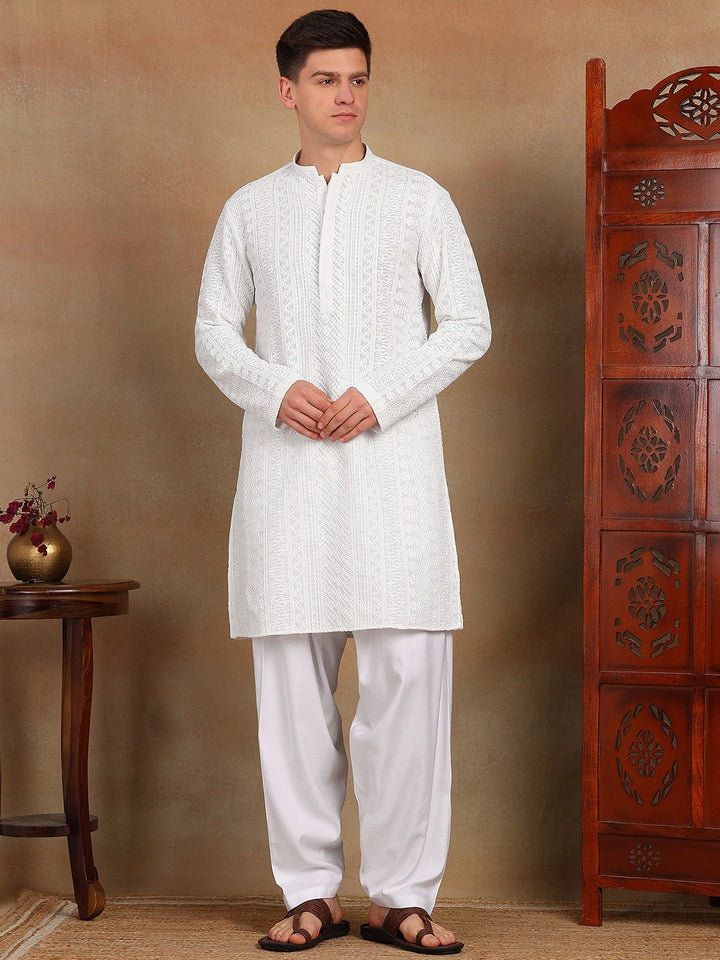 Classic White Chikankari Embroidered Straight Kurta paired with Salwar