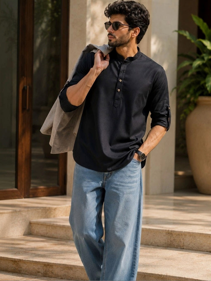 Black Pure Cotton Slub Short Kurta
