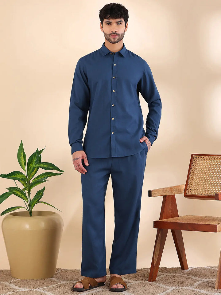 Men Linen Solid Co-ord Set