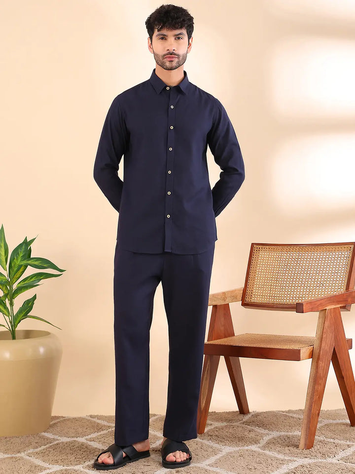 Men Linen Solid Co-ord Set