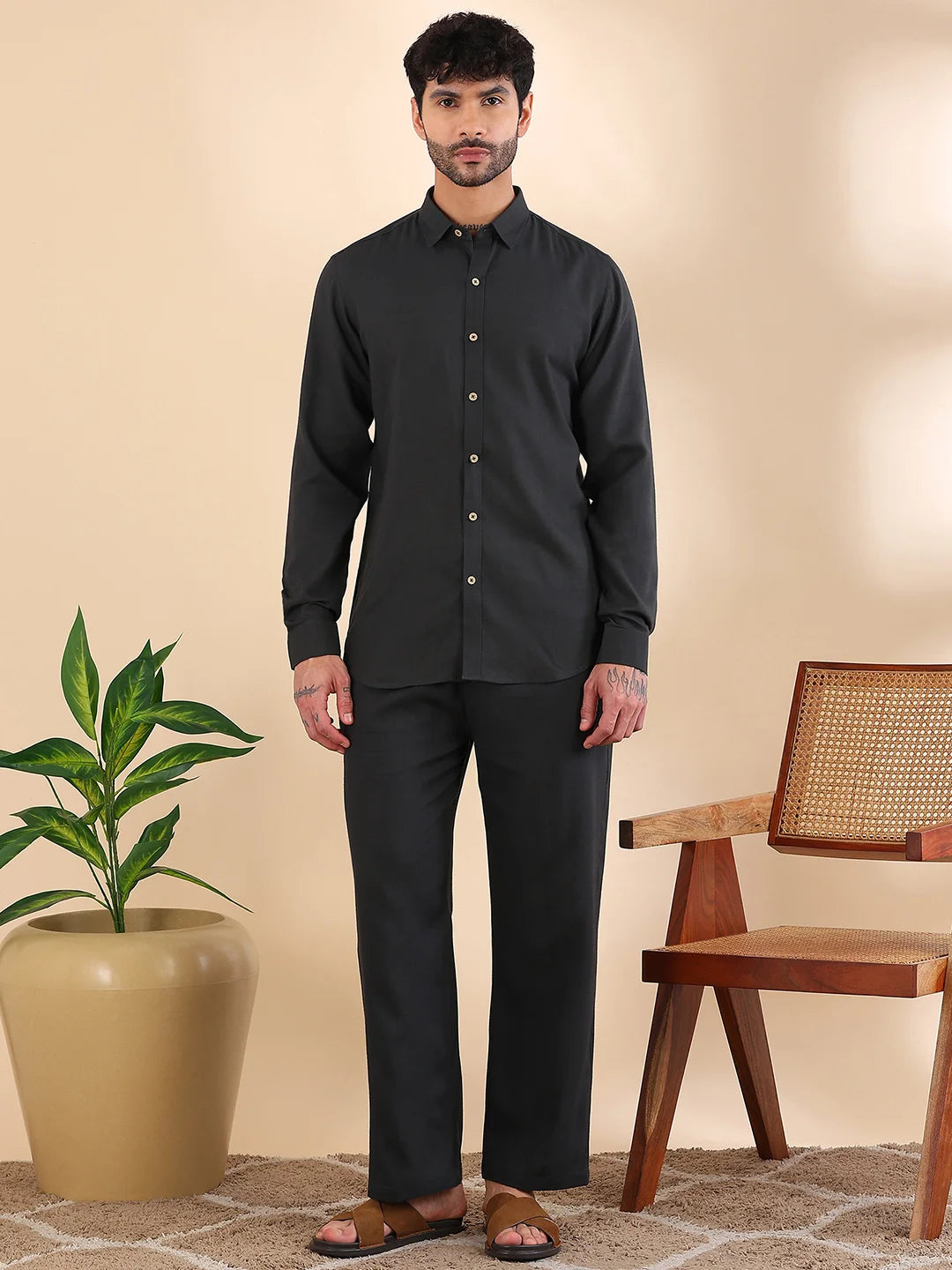 Men Linen Solid Co-ord Set