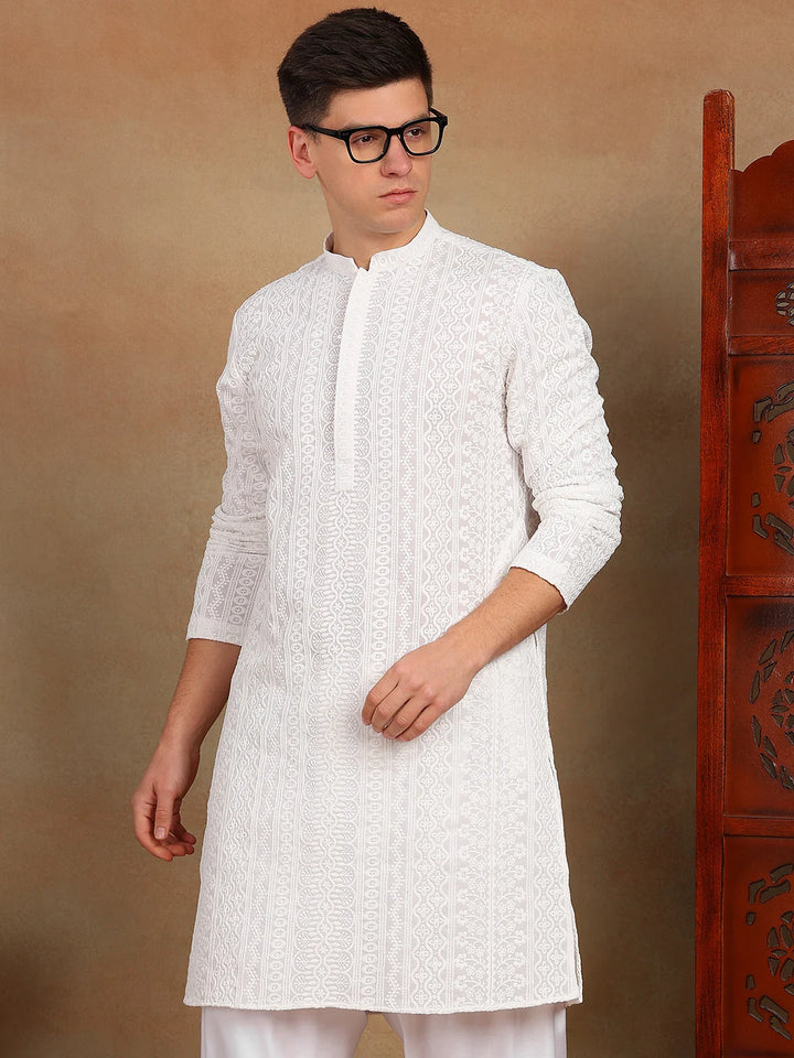 Men White Chikankari Embroidered Straight Kurta paired with Salwar