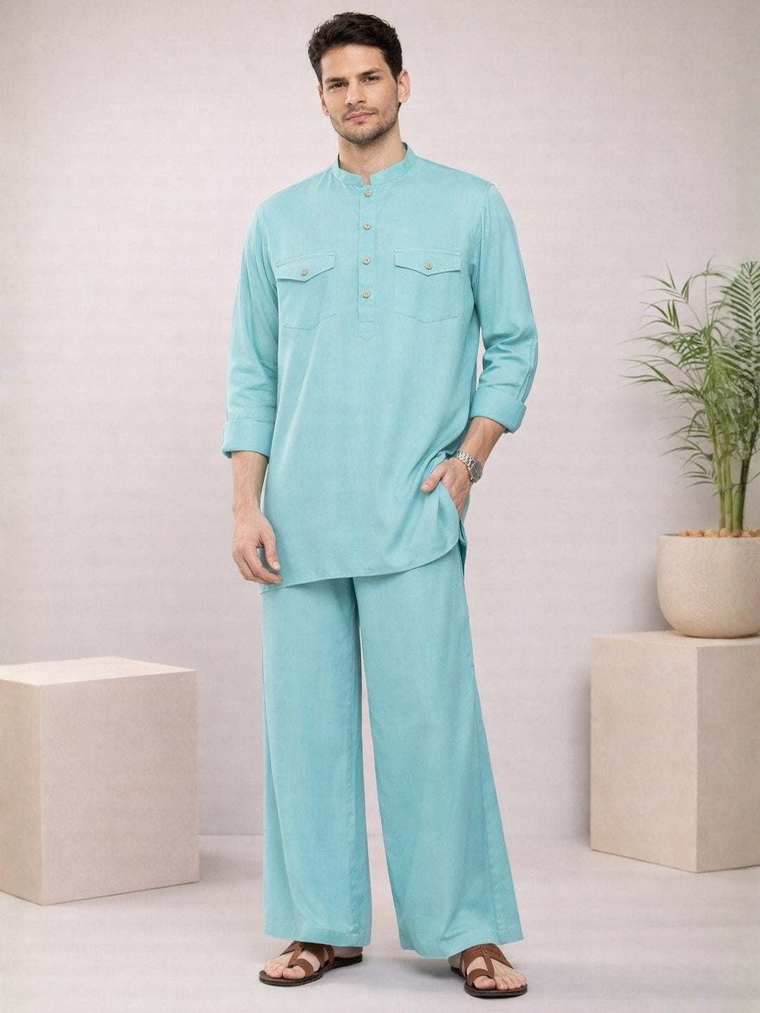 Men's Rayon Solid Pathani co-ord Set