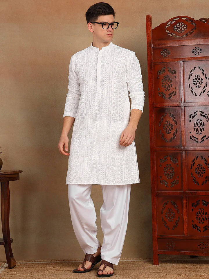 Men White Chikankari Embroidered Straight Kurta paired with Salwar