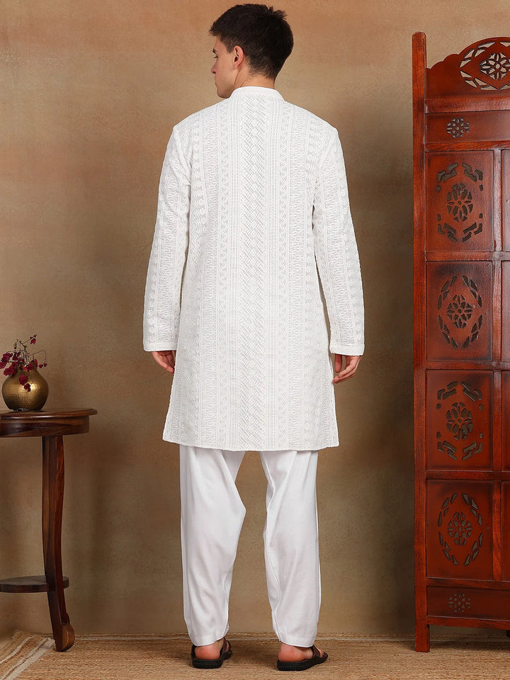 Classic White Chikankari Embroidered Straight Kurta paired with Salwar